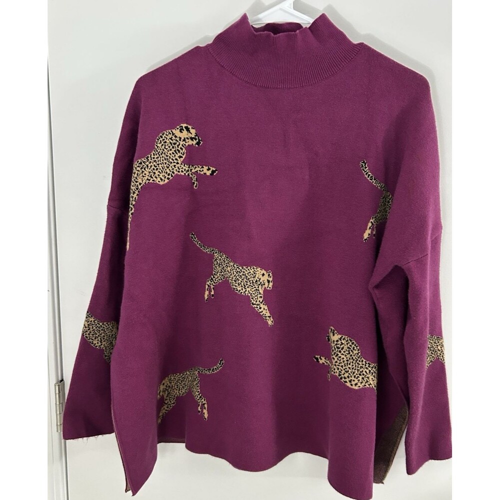Entro Fuschia Cheetah animal Novelty Sweater  Mock Neck Women size small
